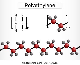 Polyethylene, polythene, PE, polyethene, poly(methylene) molecule. It is polymer of ethylene, the most common plastic. Structural chemical formula and molecule model. Vector illustration