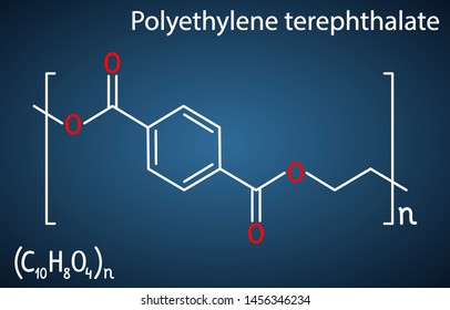Polyethylene terephthalate or PET, PETE polyester, thermoplastic polymer molecule. Structural chemical formula on the dark blue background. Vector illustration