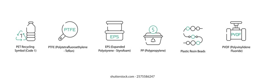 Polyethylene Terephthalate Recycling Symbol, Polytetrafluoroethylene, Expanded Polystyrene Foam, Polypropylene, Plastic Resin Bids, and Polyvinylidene Fluoride Icons - Vector Illustration