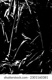 Polyethylenstruktur. Grunge-Effekt. Transparente Stretchfolie. Overlay-Schabby-Textur. Schwarz-weißer Vektorhintergrund. Krumpffelplastik. Defekt, Scheuerrahmen-Vorlage
