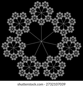 Patrón de Fractal de poliescamas sobre un fondo negro, creado a partir de segmentos de línea blanca con una estructura geométrica abstracta, simetría, singularidad, auto-similitud. Conveniente para la ilustración matemática, científica y educativa, fondo, cartel, decoración.