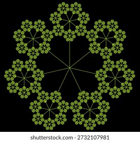 Patrón de Fractal de poliescamas sobre un fondo negro, creado a partir de segmentos de línea verde con una estructura geométrica abstracta, simetría, singularidad, auto-similitud. Conveniente para la ilustración matemática, científica y educativa, fondo, cartel, decoración.