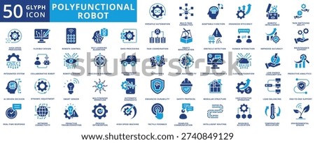 Polyfunctional robot icon set flat containing versatile automation, multi-task capabilities, adaptable function, enhanced efficiency, robotic intelligence, task switching, high speed processing
