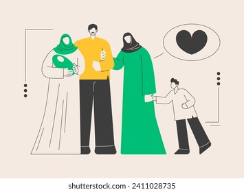 Polygamy abstract concept vector illustration. Marrying multiple spouses, polygamy, group marriage sex, love triangle, threesome, family trust, love friends, legal status abstract metaphor.