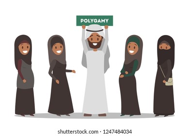 Polygamy arabic family. Girl in hijab. Man with many wifes in muslim country. Harem concept. Flat vector illustration