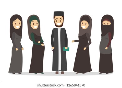 Polygamy arabic family. Girl in hijab. Man with many wifes in muslim country. Harem concept. Flat vector illustration