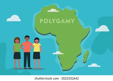 Polygamy-Vektorkonzept: Jjunger Mann, der mit seinen zwei Frauen beim Stehen auf dem Polygamy-Kontinent steht