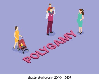 Polygamy vector concept. Young man enjoying leisure time with his two wives and children while standing with polygamy word