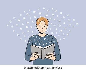 Polyglot man reads book with dictionary and learns new language standing among flying latin letters. Polyglot guy enjoys reading foreign literature to develop horizons or prepare for exam.