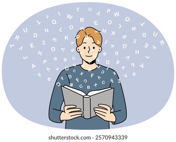 Polyglot man reads book with dictionary and learns new language standing among flying latin letters. Polyglot guy enjoys reading foreign literature to develop horizons or prepare for exam.