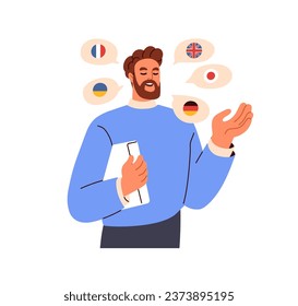 Polyglot, multilingual speaker. Man speaking many different foreign languages, talking, studying, knowing English, Gernan, French, Japanese. Flat vector illustration isolated on white background