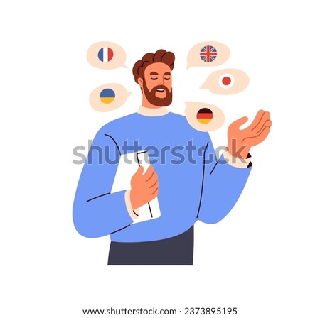 Polyglot, multilingual speaker. Man speaking many different foreign languages, talking, studying, knowing English, Gernan, French, Japanese. Flat vector illustration isolated on white background