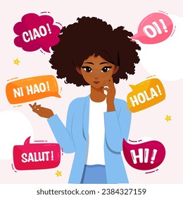 Polyglot, multilingual speaker. Woman speaking many different foreign languages, talking, studying, knowing English, Italian, Chinese, French, Portuguese, Spanish. Vector illustration