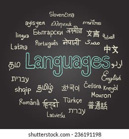 Polígono, varios idiomas en el tablero, dibujado a mano.