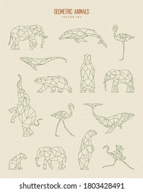 Polygon animals and birds. Polar bear, flamingo, humpback whale, elephant. Set of isolated low poly elements. Triangle graphic, origami style. Abstract geometric modern design. Vector illustration