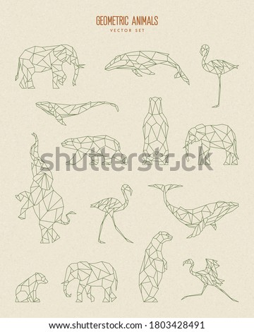 Polygon animals and birds. Polar bear, flamingo, humpback whale, elephant. Set of isolated low poly elements. Triangle graphic, origami style. Abstract geometric modern design. Vector illustration