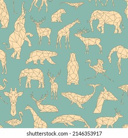 Polygon animals pattern. Low poly bear, deer, elephant. Triangle style