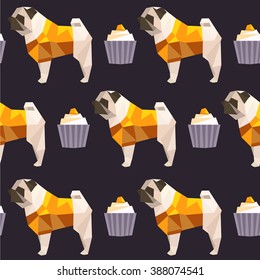 polygon art pug dog cupcake illustration seamless cute pattern