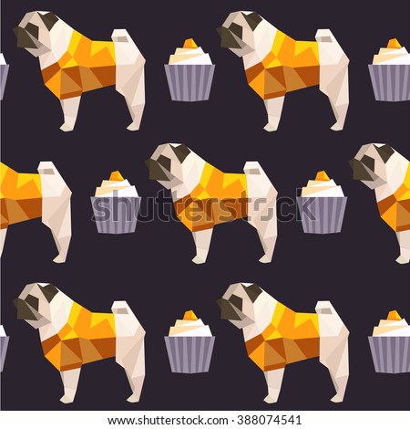 polygon art pug dog cupcake illustration seamless cute pattern