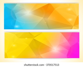 Polygon background banners in blue, yellow and pink with glows and lens flares