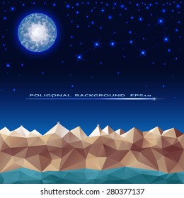 Polygon background. Moon, mountains, sea, digital sky, the constellation
