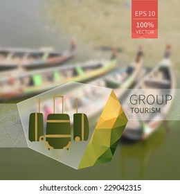 Polygon badge label  with suitcase on blurred background. Group tourism.  Vacation, travel, tour blurry backdrop. Blurred. Vector illustration