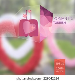 Polygon badge label  with suitcase on blurred background. Romantic tourism.  Vacation, travel, tour blurry backdrop. Blurred. Vector illustration