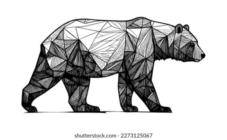 Polygon bear vector black line illustration isolated white. Sketch art