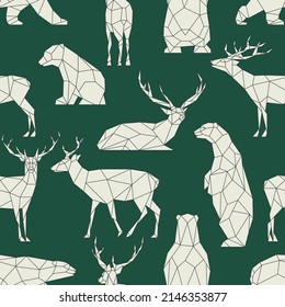 Polygon bears, deers pattern. Low poly forest animal. Triangle graphic