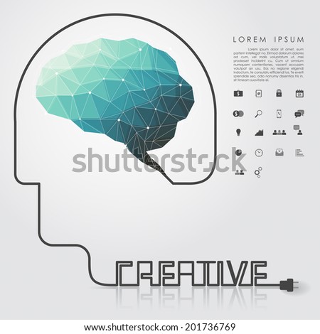 polygon brain and creative head wire with business icon vector