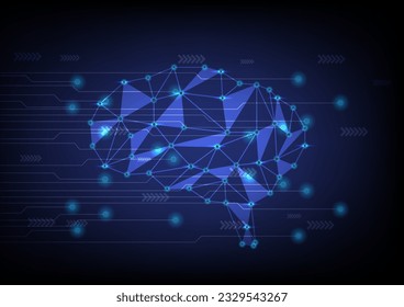 polygon brain light glowing on circuit and arrow, technology background.