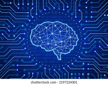 Polygon brain on center of circuit board and binary code background. Artificial intelligence abstract template. Concept of Technology, Engineering, Learning, Business and Science vector illustration.