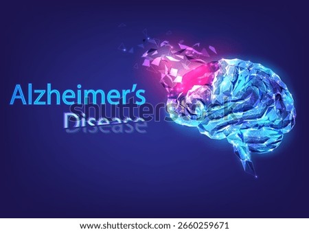 Polygon brain with red neon light on frontal lobe, fragmental memory loss, concept Alzheimer's disease and mental health crisis. Futuristic medical vector illustration.