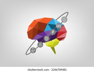 Polygon brain thinking life education. Ecosystem creative communication concept. Abstract shape and icon graphic vector