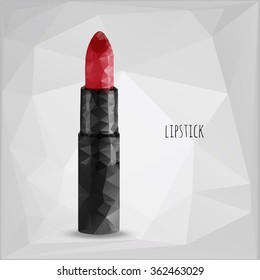 Polygon bright red lipstick isolated on grey background. Vector illustration.