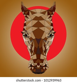 Polygon brown figure of a horse's head in a red circle and a gradient background