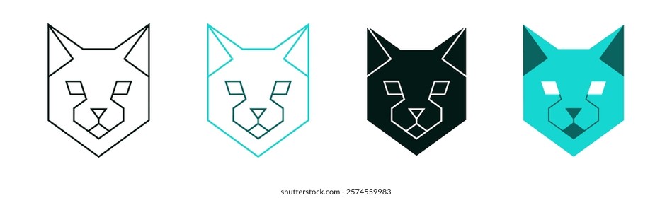 Polygon cat head icon set. Low poly kitty face. Line or solid logo design for web, app or branding. Minimalistic symbol. Modern illustration. Polygonal pet. Geometric art style. Editable vector stroke