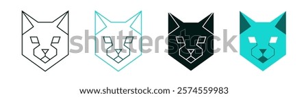 Polygon cat head icon set. Low poly kitty face. Line or solid logo design for web, app or branding. Minimalistic symbol. Modern illustration. Polygonal pet. Geometric art style. Editable vector stroke