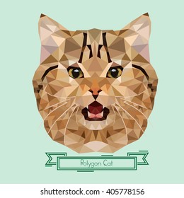 Polygon cat with open mouth vector illustration. Brown colour with green ribbon