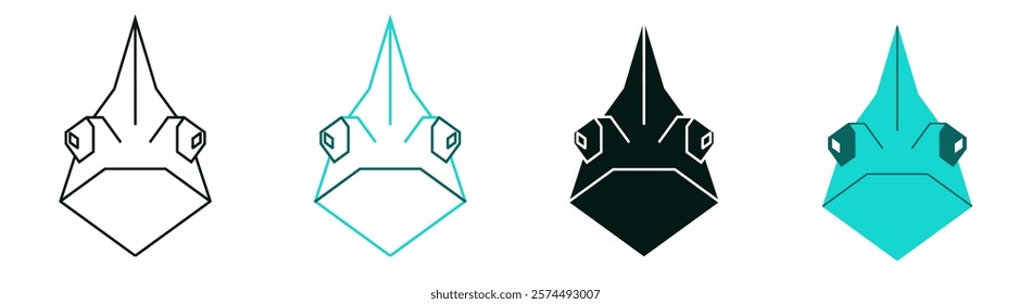 Polygon chameleon head icon set. Nature or pet concept. Minimalist symbol. Line or solid color logo for web or mobile app. Modern illustration. Geometric style. Editable vector stroke. 