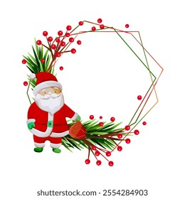 Polygon Christmas frame in naive style on a white square background. Santa, spruce branches, red viburnum berries. Premium template for covers, invitations, greetings, promotions, discounts, etc.  