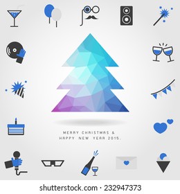 polygon christmas tree on merry christmas and happy new year 2015 concept with party icon vector