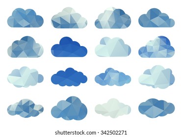 Polygon clouds. Vector set of clouds silhouettes. Blue and white. Abstract geometric background. For design of weather, seasons and rain.