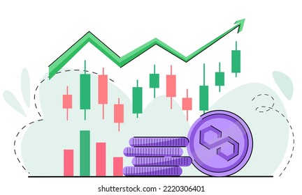 Polygon coin Growth trend crypto Bullish wave in the cryptocurrency market. price rise, bull market. good growth trend. Green arrow and coin with logo MATIC. vector isolated on white