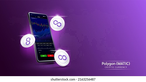 Polygon coin and Phone. App for trading crypto currency on the touch screen smartphone. Data analytics stock market. Mobile banking cryptocurrency. Vector 3d. 