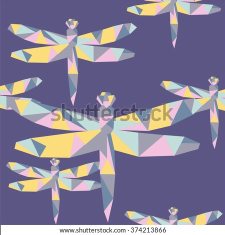 polygon colorful geometric dragonfly insect seamless origami vector background