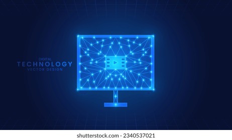 Polygon computer monitor. Video content creator. Low Poly wireframe style