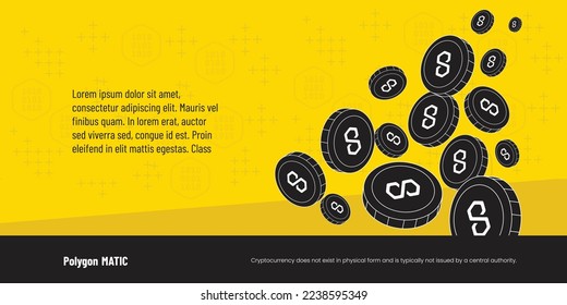 Moneda de la criptografía de polígono MÁTICA Moneda de la moneda de la marca Ilustración del cartel. Monedas digitales globales MATIC cayendo o diseño de vector plano flotante en fondo amarillo. Lorem ipsum texto y espacio de copia.