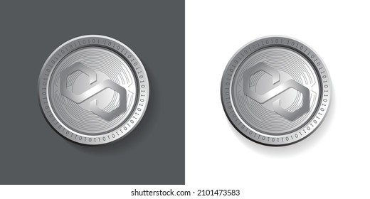 Polygon Crypto Currency (MATIC) logo coin vector illustration. Isolated icon set on dark and white background, can be used as sticker, badge, emblem, symbol and graphic token