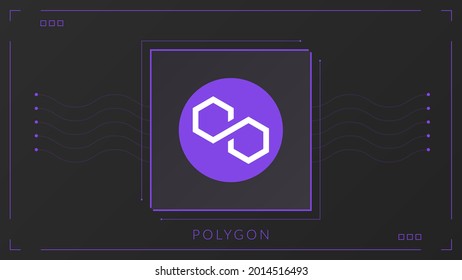 Polygon cryptocurrency colorful gradient logo on dark background with thin line decoration.